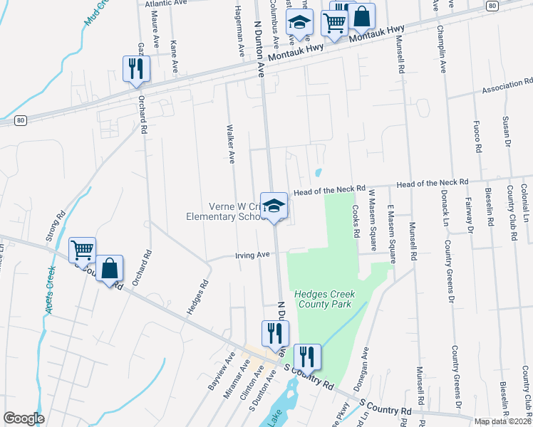 map of restaurants, bars, coffee shops, grocery stores, and more near 215 North Dunton Avenue in East Patchogue