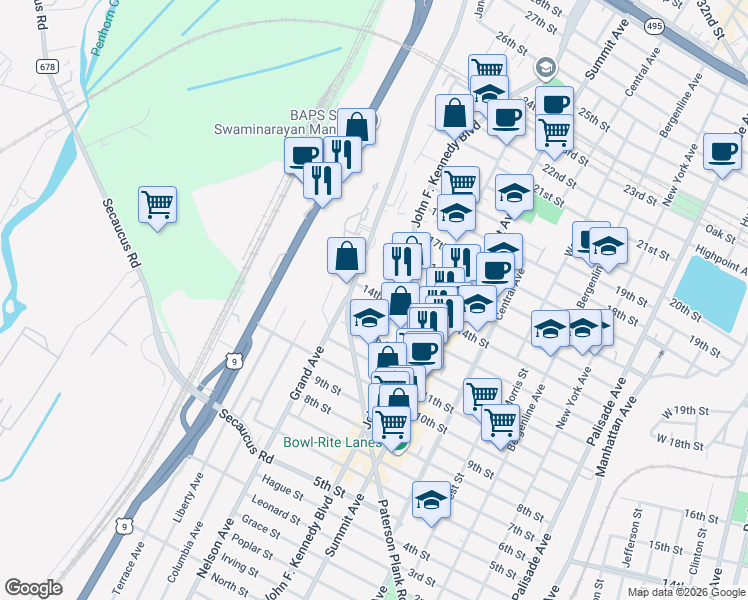 map of restaurants, bars, coffee shops, grocery stores, and more near 1402 14th Street in North Bergen