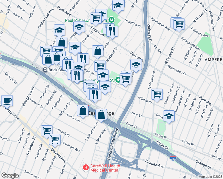 map of restaurants, bars, coffee shops, grocery stores, and more near 351 William Street in East Orange