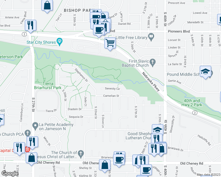 map of restaurants, bars, coffee shops, grocery stores, and more near 3310 Serenity Circle in Lincoln