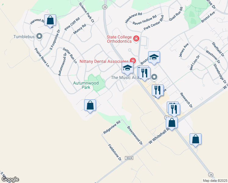 map of restaurants, bars, coffee shops, grocery stores, and more near 110 Gala Drive in State College