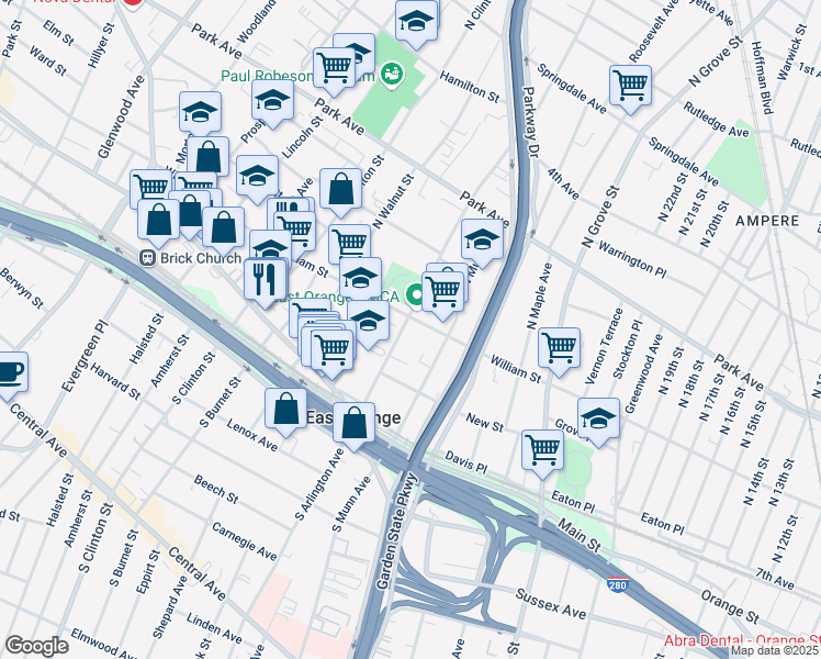map of restaurants, bars, coffee shops, grocery stores, and more near 78 North Arlington Avenue in East Orange