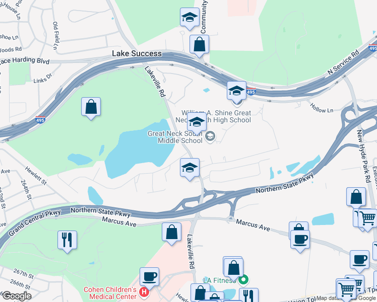 map of restaurants, bars, coffee shops, grocery stores, and more near 341 Lakeville Road in Lake Success