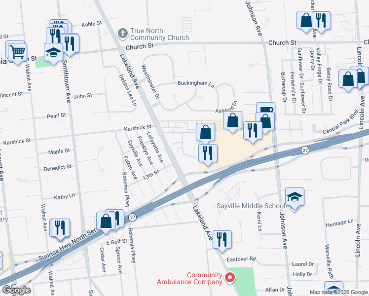 map of restaurants, bars, coffee shops, grocery stores, and more near 70 Middleton Road in Bohemia