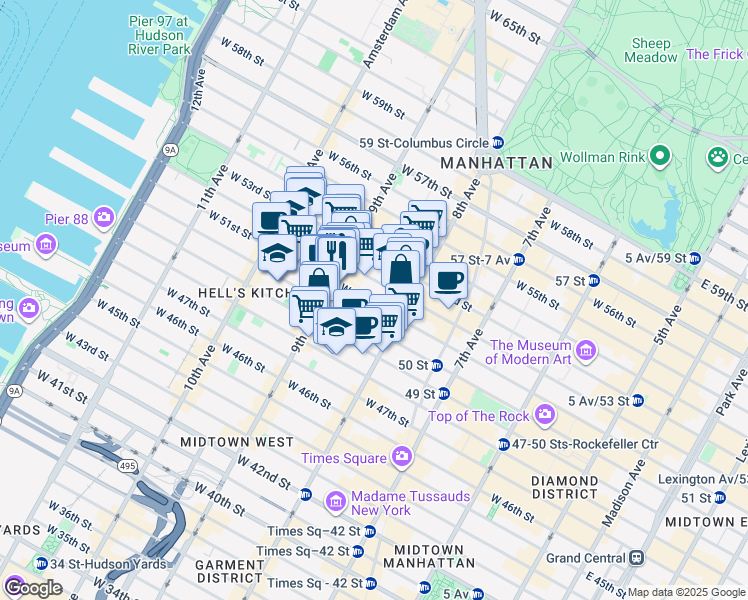 map of restaurants, bars, coffee shops, grocery stores, and more near 360 West 52nd Street in New York
