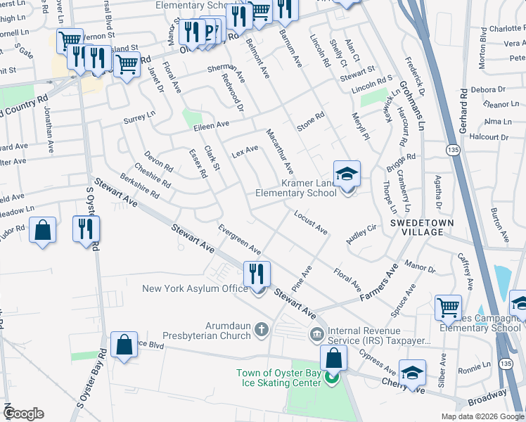 map of restaurants, bars, coffee shops, grocery stores, and more near 9 Gates Avenue in Plainview