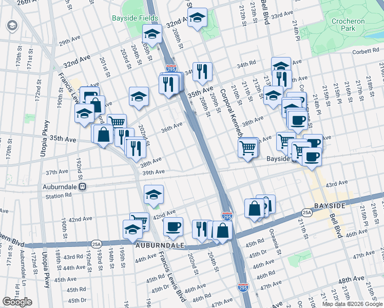map of restaurants, bars, coffee shops, grocery stores, and more near 3802 Clearview Expressway Service Road in Queens