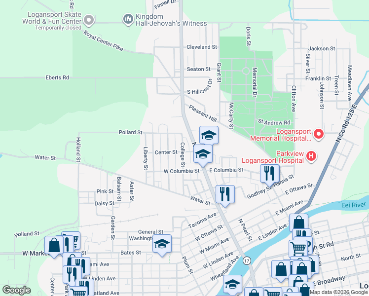 map of restaurants, bars, coffee shops, grocery stores, and more near 1419-1423 North 3rd Street in Logansport