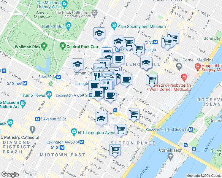 map of restaurants, bars, coffee shops, grocery stores, and more near 1051 3rd Avenue in New York
