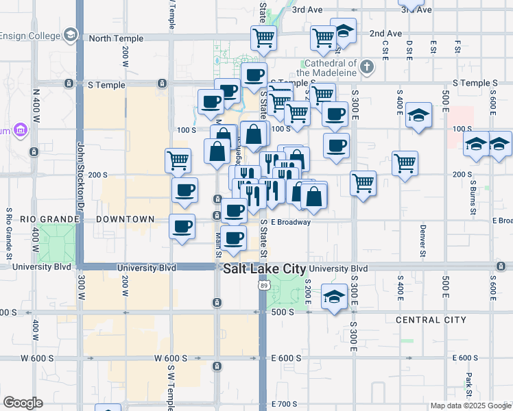 map of restaurants, bars, coffee shops, grocery stores, and more near 268 South State Street in Salt Lake City