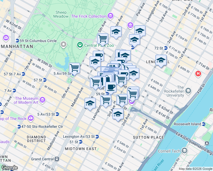 map of restaurants, bars, coffee shops, grocery stores, and more near 115 East 61st Street in New York
