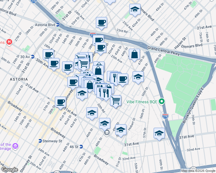 map of restaurants, bars, coffee shops, grocery stores, and more near 44-14 28th Avenue in Queens