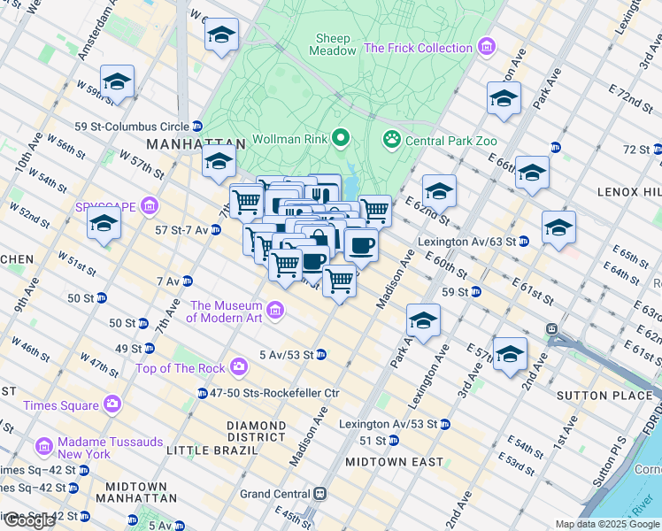 map of restaurants, bars, coffee shops, grocery stores, and more near 9 West 57th Street in New York