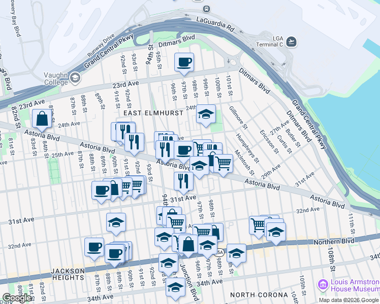map of restaurants, bars, coffee shops, grocery stores, and more near 25-32 97th Street in Queens