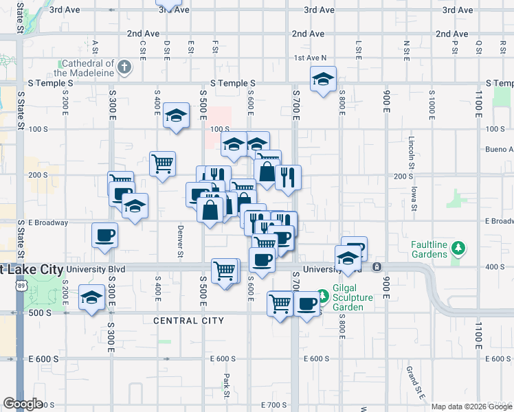 map of restaurants, bars, coffee shops, grocery stores, and more near 249 600 East in Salt Lake City