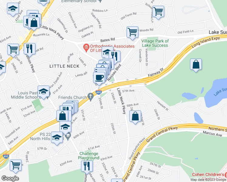 map of restaurants, bars, coffee shops, grocery stores, and more near 256-04 Horace Harding Expressway in Queens