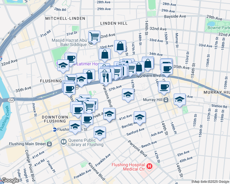 map of restaurants, bars, coffee shops, grocery stores, and more near 144-54 37th Avenue in Queens