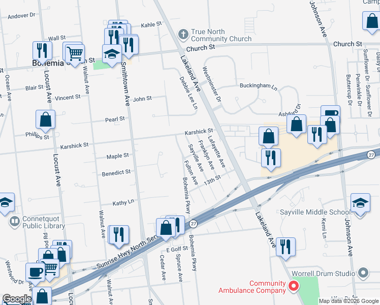 map of restaurants, bars, coffee shops, grocery stores, and more near 872 Franklyn Avenue in Bohemia