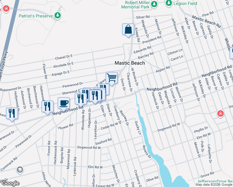 map of restaurants, bars, coffee shops, grocery stores, and more near 22 Doris Drive in Mastic Beach