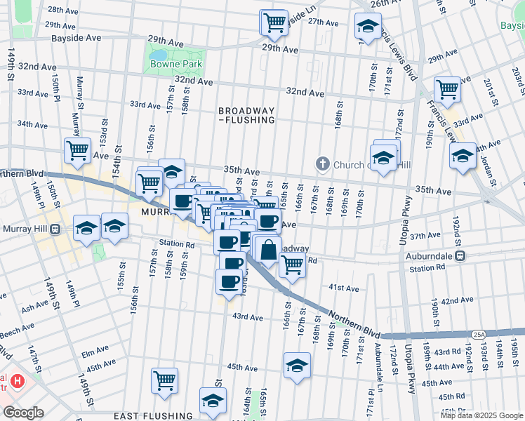 map of restaurants, bars, coffee shops, grocery stores, and more near 35-47 164th Street in Queens