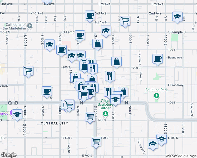 map of restaurants, bars, coffee shops, grocery stores, and more near 732 East 200 South in Salt Lake City