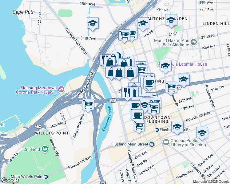 map of restaurants, bars, coffee shops, grocery stores, and more near 34-41 College Point Boulevard in Queens