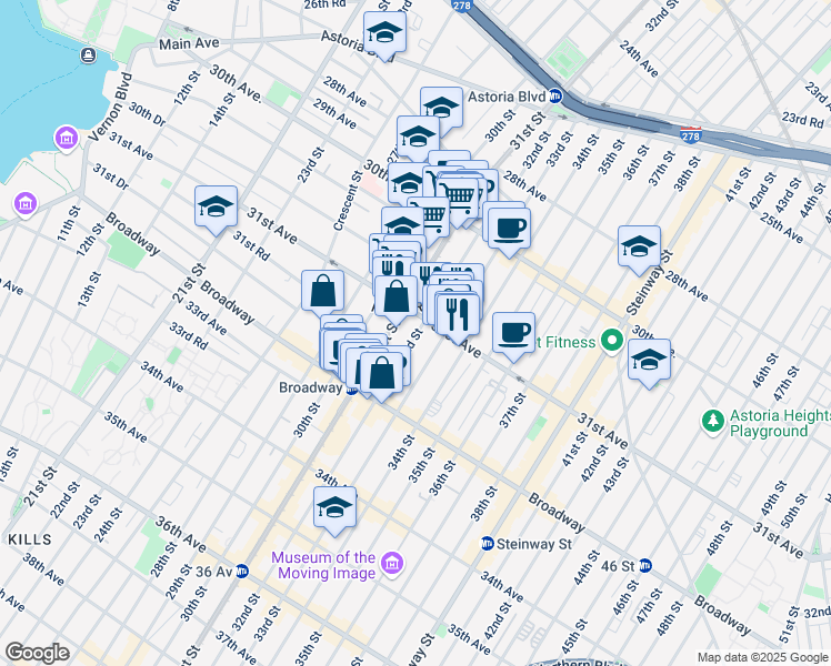 map of restaurants, bars, coffee shops, grocery stores, and more near in Queens