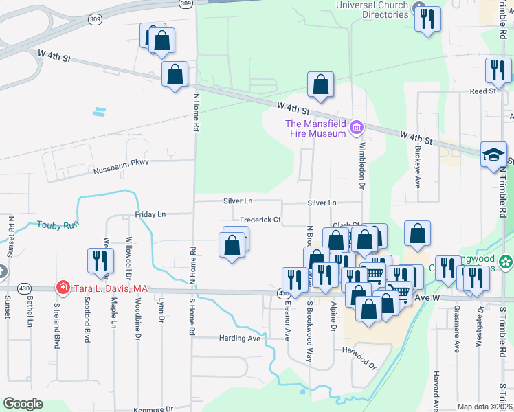 map of restaurants, bars, coffee shops, grocery stores, and more near 1440 Silver Lane in Mansfield