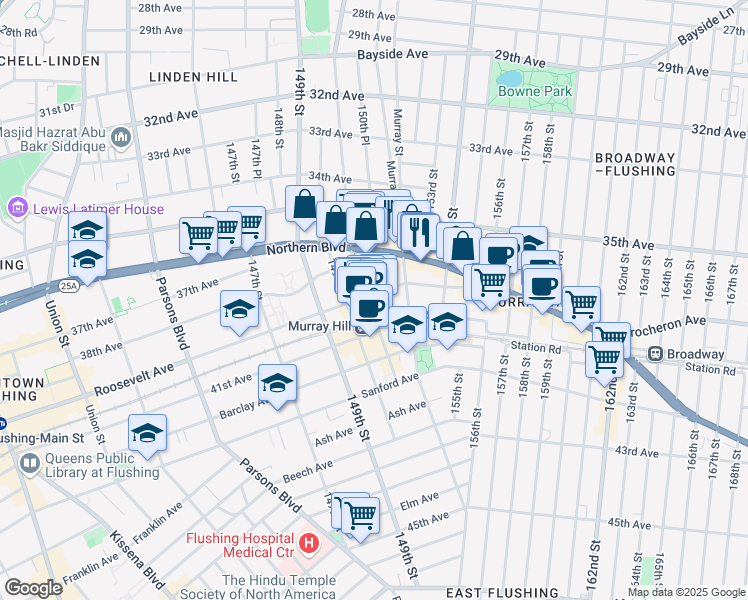 map of restaurants, bars, coffee shops, grocery stores, and more near 40-01 150th Street in Queens