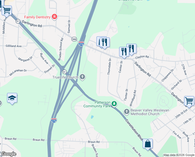 map of restaurants, bars, coffee shops, grocery stores, and more near 140 Howley Avenue in Beaver Falls