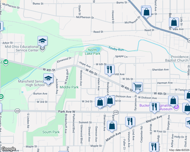 map of restaurants, bars, coffee shops, grocery stores, and more near 584 West 4th Street in Mansfield