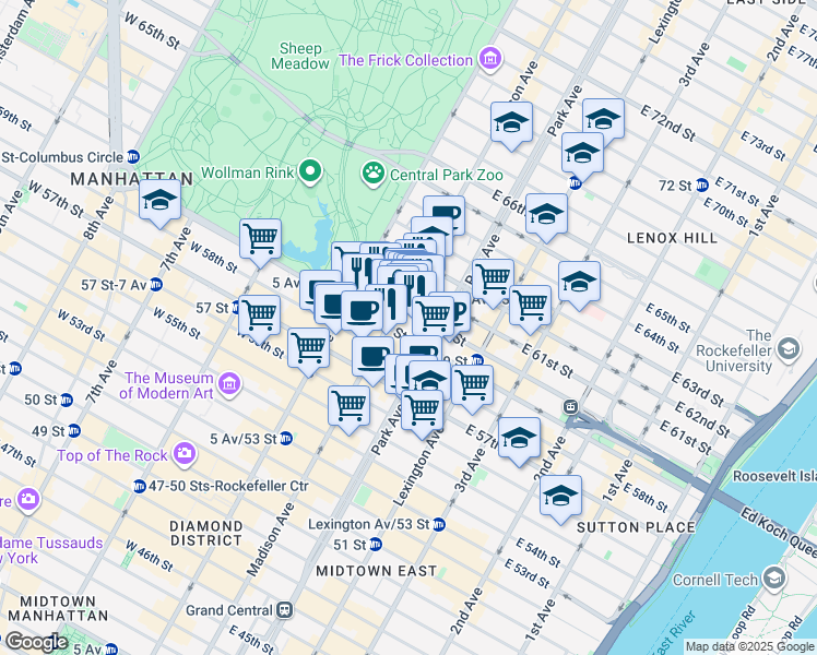 map of restaurants, bars, coffee shops, grocery stores, and more near 28 East 60th Street in New York
