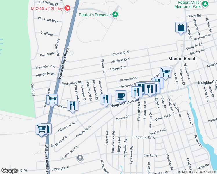 map of restaurants, bars, coffee shops, grocery stores, and more near 72 Pennwood Drive in Mastic Beach