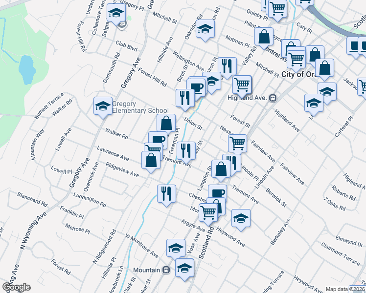 map of restaurants, bars, coffee shops, grocery stores, and more near 557 Liberty Street in City of Orange
