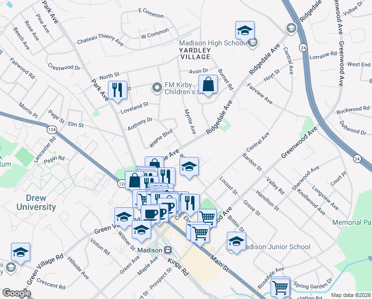 map of restaurants, bars, coffee shops, grocery stores, and more near 62 Ridgedale Avenue in Madison
