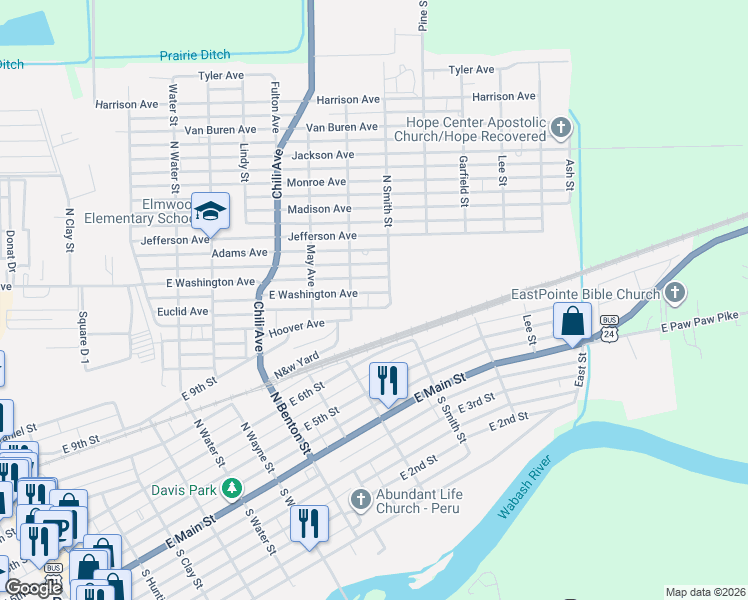 map of restaurants, bars, coffee shops, grocery stores, and more near 458 East Washington Avenue in Peru