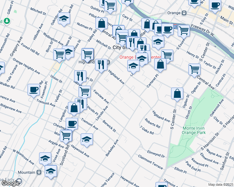 map of restaurants, bars, coffee shops, grocery stores, and more near 421 Lincoln Avenue in City of Orange