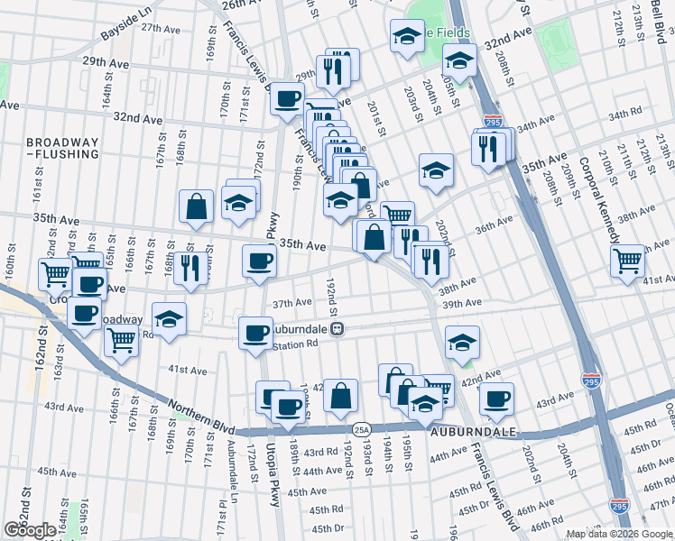 map of restaurants, bars, coffee shops, grocery stores, and more near 192-19 Crocheron Avenue in Queens