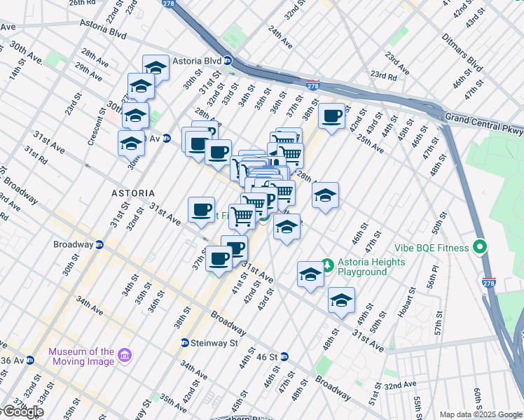 map of restaurants, bars, coffee shops, grocery stores, and more near 2858 Steinway Street in Queens