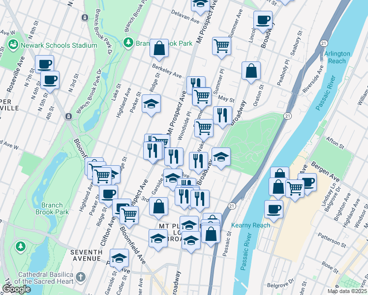 map of restaurants, bars, coffee shops, grocery stores, and more near 357 Summer Avenue in Newark