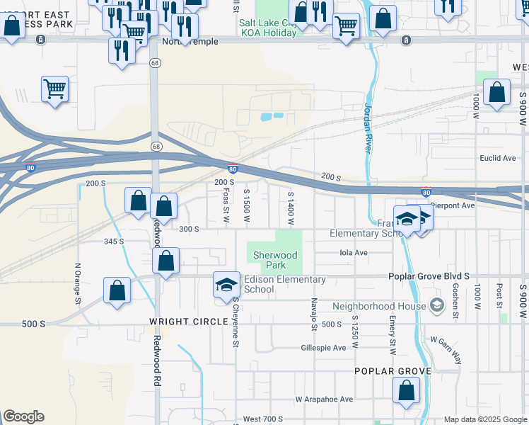 map of restaurants, bars, coffee shops, grocery stores, and more near 258 Pueblo Street West in Salt Lake City