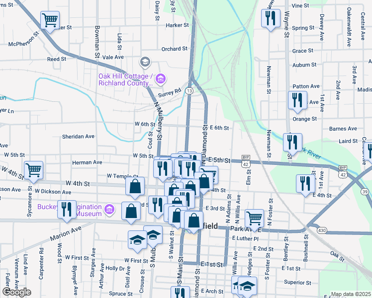 map of restaurants, bars, coffee shops, grocery stores, and more near 193 North Main Street in Mansfield