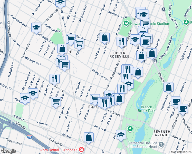 map of restaurants, bars, coffee shops, grocery stores, and more near 254 North 11th Street in Newark