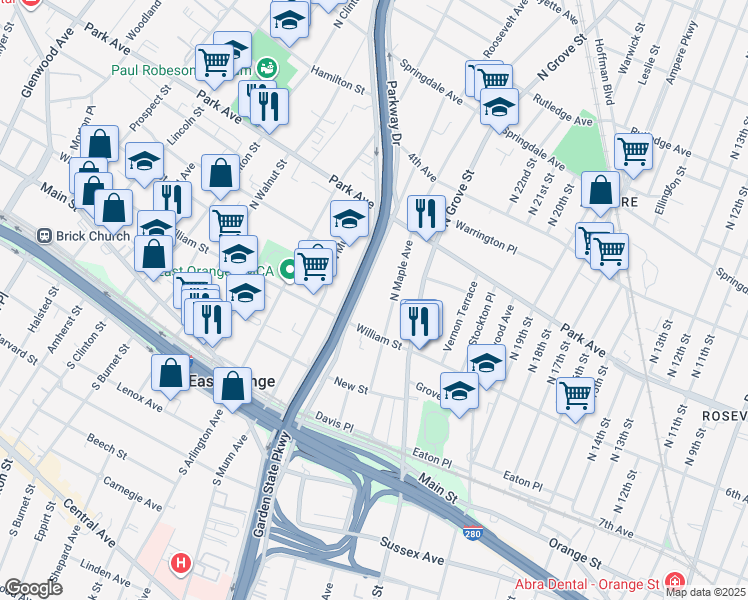 map of restaurants, bars, coffee shops, grocery stores, and more near 170 North Oraton Parkway in East Orange