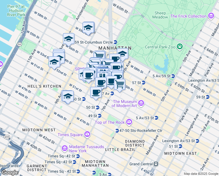 map of restaurants, bars, coffee shops, grocery stores, and more near 234 West 54th Street in New York