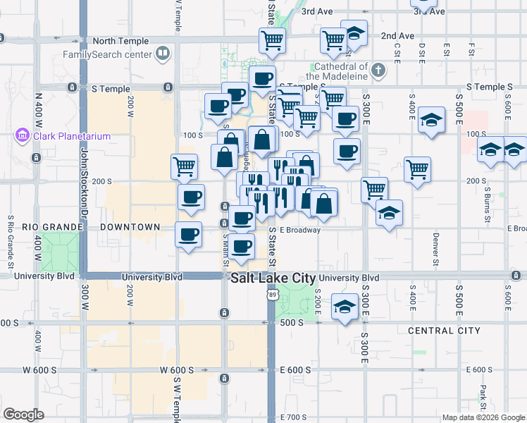 map of restaurants, bars, coffee shops, grocery stores, and more near 237 State Street in Salt Lake City