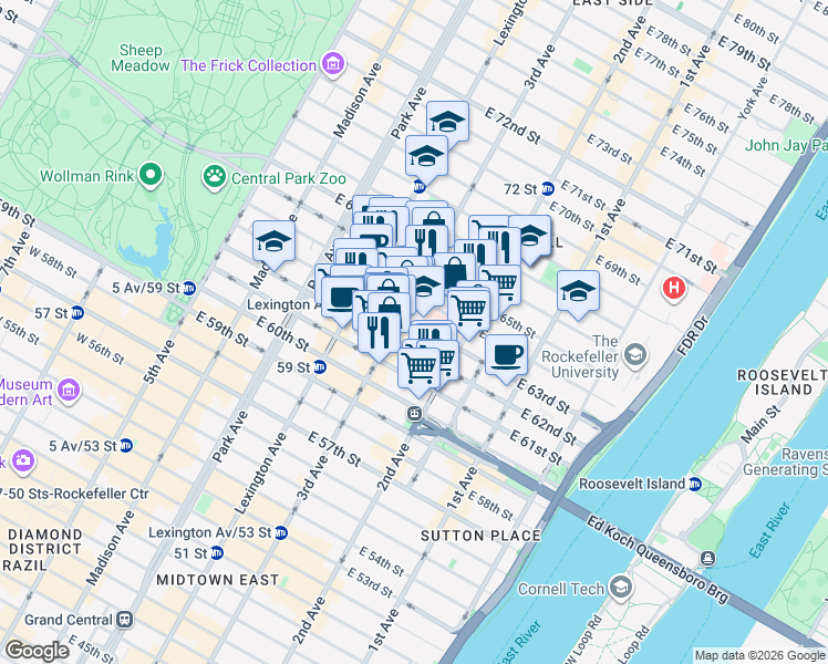 map of restaurants, bars, coffee shops, grocery stores, and more near 210 East 64th Street in New York