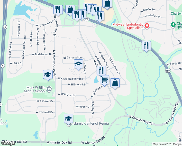 map of restaurants, bars, coffee shops, grocery stores, and more near 3921 West Creighton Terrace in Peoria