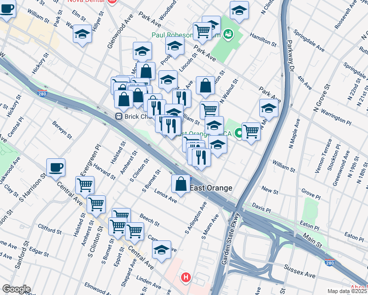 map of restaurants, bars, coffee shops, grocery stores, and more near 430 Main Street in East Orange