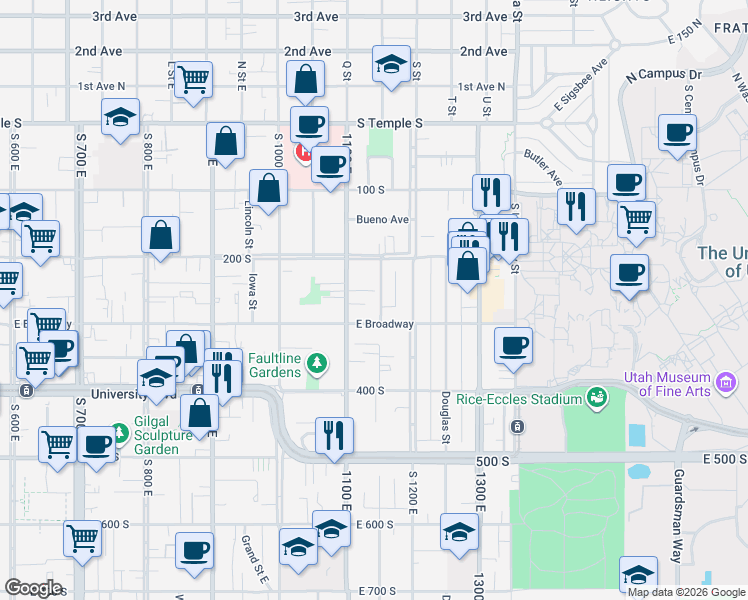 map of restaurants, bars, coffee shops, grocery stores, and more near 237 Elizabeth Street in Salt Lake City